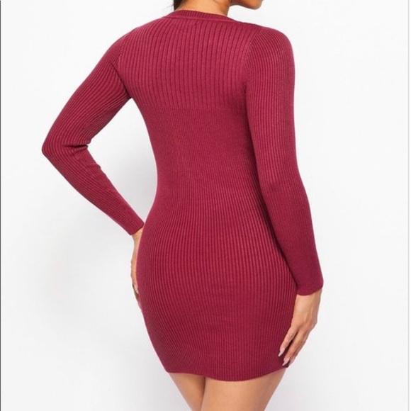 LONG SLEEVE OLIVE GREEN RIBBED SWEATER KNIT FRONT LACE UP WAIST BELT MINI DRESS - Picture 3 of 5